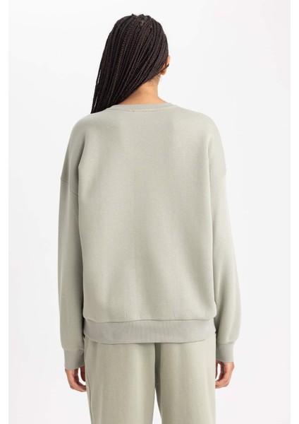 Oversize Geniş Kalıp Bisiklet Yaka Baskılı Kalın Kumaş Sweatshirt A8954AX23WN