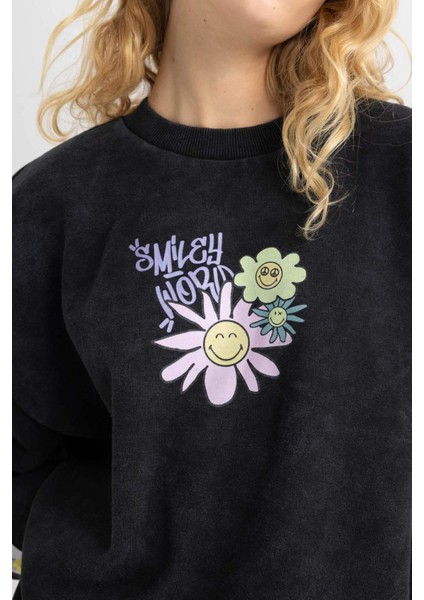 Coool SmileyWorld Oversize Fit Bisiklet Yaka Kalın Yıkamalı Soluk Efektli Sweatshirt B9804AX23WN