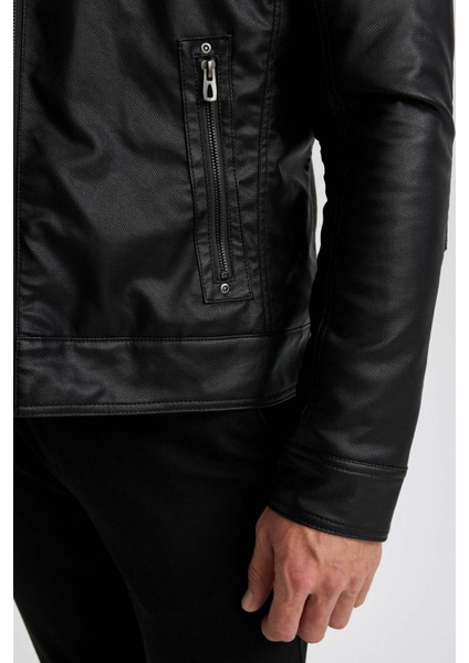 Slim Fit Dar Kesim Çıkarılabilir Kapüşonlu Fermuarlı Cepli Pelüş Astar Suni Deri Mont N9693AZ23WN