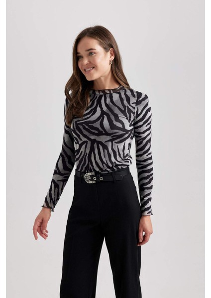 Bisiklet Yaka Zebra Desenli Tül Uzun Kollu Tişört Tunik B7188AX23CW