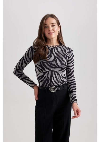 Bisiklet Yaka Zebra Desenli Tül Uzun Kollu Tişört Tunik B7188AX23CW