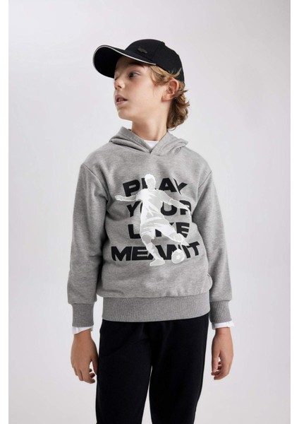 Erkek Çocuk Kapüşonlu Baskılı Kalın Sweatshirt B5950A823WN