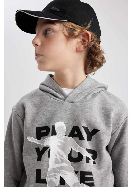 Erkek Çocuk Kapüşonlu Baskılı Kalın Sweatshirt B5950A823WN