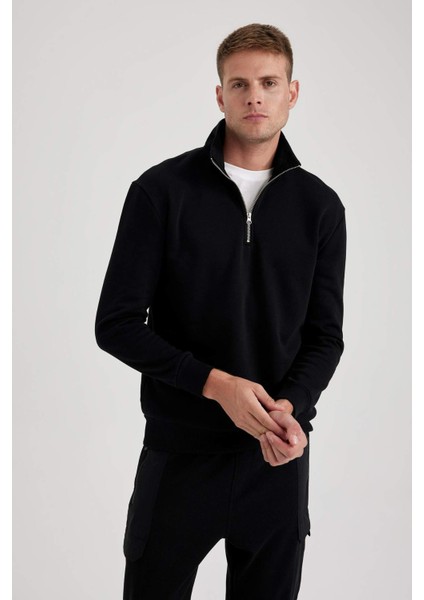 Comfort Regular Fit Rahat Kalıp Fermuarlı Dik Yaka Basic Düz Sweatshirt X7405AZ23AU