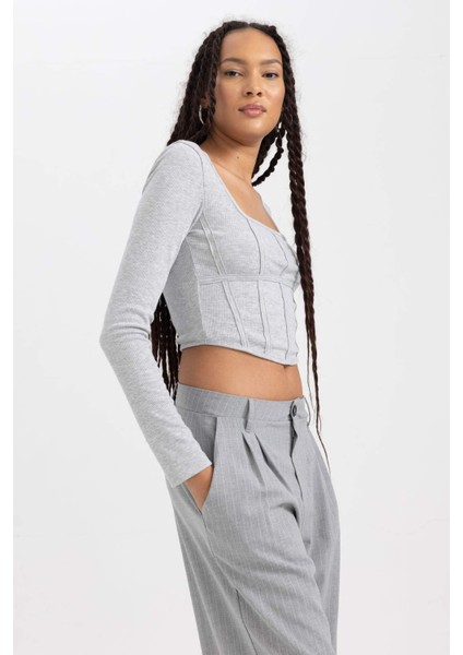 Fitted Yuvarlak Yaka Fitilli Kaşkorse Uzun Kollu Tişört B0909AX23AU