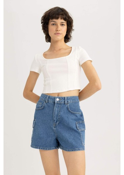 Mom Fit Yüksek Bel Jean %100 Pamuk Şort B0307AX23HS
