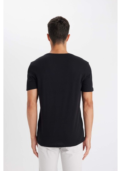Slim Fit Dar Kesim V Yaka Basic Düz Kısa Kollu %100 Pamuk Tişört M7668AZ23SP