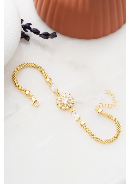 925 Ayar Gümüş Gold Kaplama Balık Sırtı Model Işıltılı Tektaş Güneş Bileklik