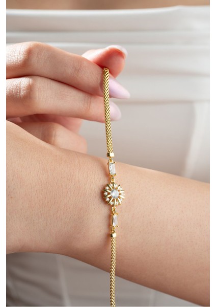 925 Ayar Gümüş Gold Kaplama Balık Sırtı Model Işıltılı Tektaş Güneş Bileklik fiyatları