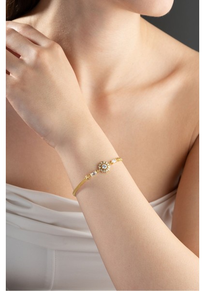 925 Ayar Gümüş Gold Kaplama Balık Sırtı Model Işıltılı Tektaş Güneş Bileklik indirimleri