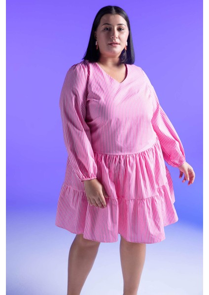 DF Plus A Kesim V Yaka Çizgili Mini Kısa Kollu Elbise Y7999AZ22SM