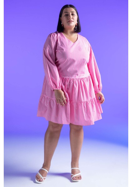 DF Plus A Kesim V Yaka Çizgili Mini Kısa Kollu Elbise Y7999AZ22SM fiyatları