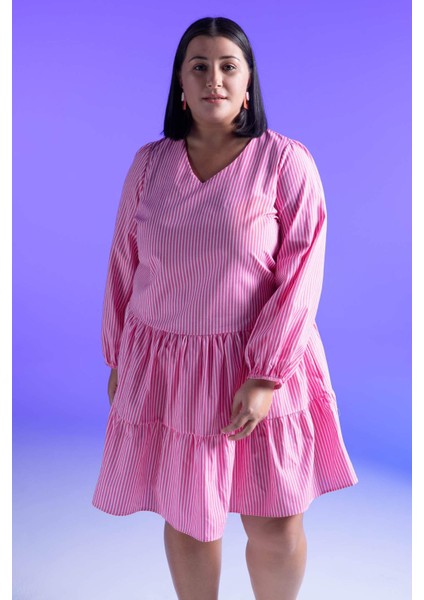 DF Plus A Kesim V Yaka Çizgili Mini Kısa Kollu Elbise Y7999AZ22SM modelleri