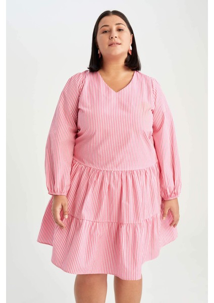 DF Plus A Kesim V Yaka Çizgili Mini Kısa Kollu Elbise Y7999AZ22SM