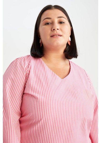 DF Plus A Kesim V Yaka Çizgili Mini Kısa Kollu Elbise Y7999AZ22SM