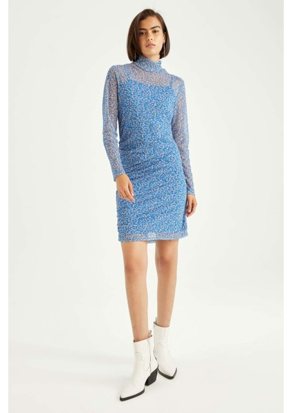 Bodycon Yarım Balıkçı Yaka Desenli Tül Uzun Kollu Mini Elbise Y5514AZ22AU