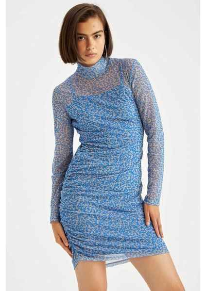 Bodycon Yarım Balıkçı Yaka Desenli Tül Uzun Kollu Mini Elbise Y5514AZ22AU