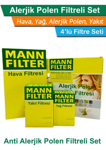 Mann Fılter Peugeot 407 2.0 Hdı Dizel Mann Filtre Bakım Seti 2009-2011 Hava+Yağ+Yakıt+A.alerjik Polen