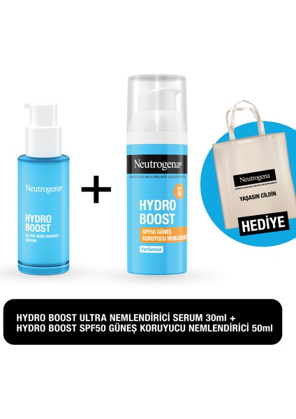 Hydro Boost SPF50 Güneş Koruyucu Nemlendirici 50 ml + Neutrogena Hydro Boost Ultra Nemlendirici Serum 30 ml (Çanta Hediyeli)