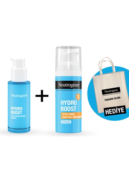 Hydro Boost SPF50 Güneş Koruyucu Nemlendirici 50 ml + Neutrogena Hydro Boost Ultra Nemlendirici Serum 30 ml (Çanta Hediyeli)