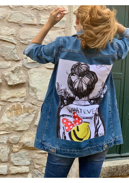 Siyah Beyaz Baskılı Kadın Denim Ceket, Rahat Kalıplı Kot Mont modelleri