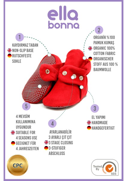 Organik Pamuk Bebek Pandufu, Kaydırmaz Taban, Yenidoğan Patiği, Ev Kreş Ayakkabısı, Bordo modelleri