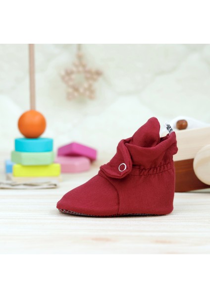Organik Pamuk Bebek Pandufu, Kaydırmaz Taban, Yenidoğan Patiği, Ev Kreş Ayakkabısı, Bordo