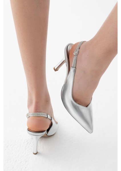 Mars Kapalı Sivri Burun 8cm Ince Topuk Arkası Açık Metalik Abiye Stiletto - Topuklu Ayakkabı
