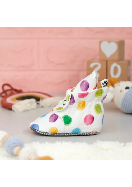 Organik Pamuk Bebek Pandufu, Kaydırmaz Taban, Yenidoğan Patiği, Ev Kreş Ayakkabısı, Renkli Noktalar