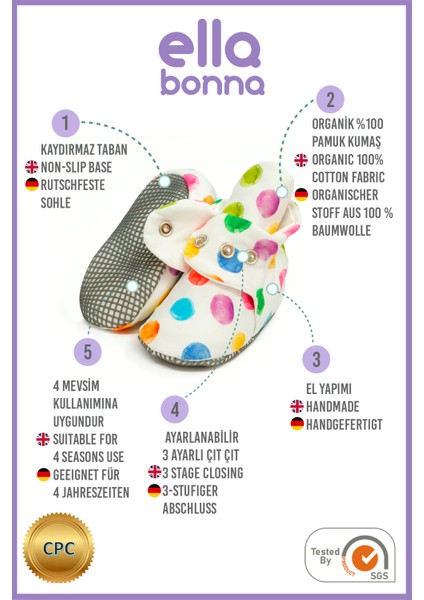 Organik Pamuk Bebek Pandufu, Kaydırmaz Taban, Yenidoğan Patiği, Ev Kreş Ayakkabısı, Renkli Noktalar modelleri