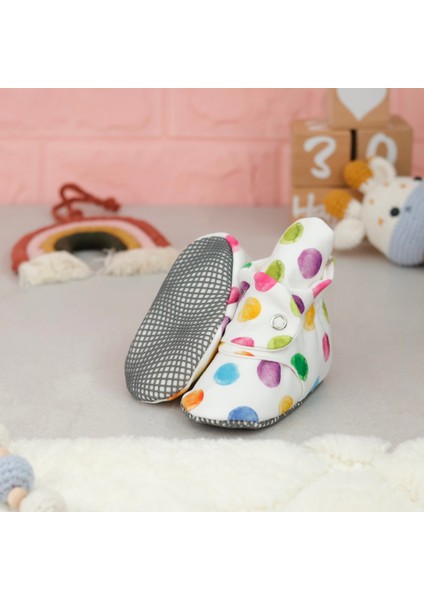 Organik Pamuk Bebek Pandufu, Kaydırmaz Taban, Yenidoğan Patiği, Ev Kreş Ayakkabısı, Renkli Noktalar