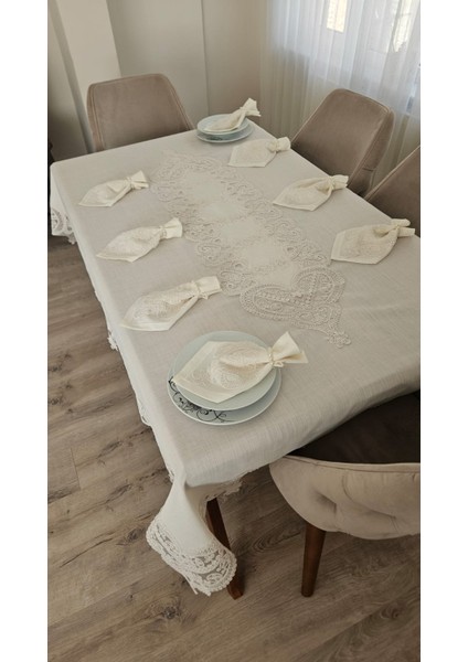 Lüx Gardenya Keten 8 Kişilik 18 Parça Kalp Desenli Ağır Dantelli Leke Tutmaz Masa Örtüsü fırsatları