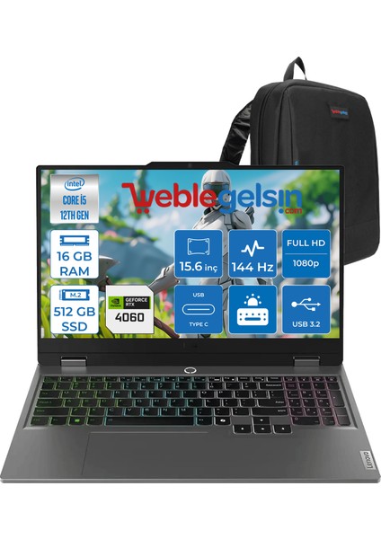 loq 15IAX9 Intel I5 12450HX 16GB Ddr5 512GB SSD RTX4060 8gb (105W) 15.6″ Fhd Freedos 15.6" IPS Fhd 144HZ Taşınabilir Bilgisayar 883GS007XTRF03 + Zettaçanta