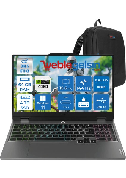 Lenovo loq 15IAX9 Intel I5 12450HX 64GB Ddr5 4tb SSD RTX4060 8gb (105W) 15.6″ Fhd Windows 11 Pro 15.6" IPS Fhd 144HZ Taşınabilir Bilgisayar 883GS007XTRWP14 + Zettaçanta