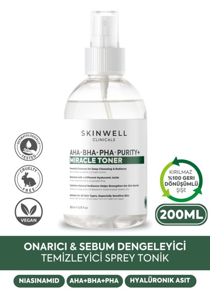 Aha - Bha - Pha İçeren Cildi Onarmaya, Sebum Dengelenmeye Yardımcı Yüz Bakım Sprey Tonik 200 ml