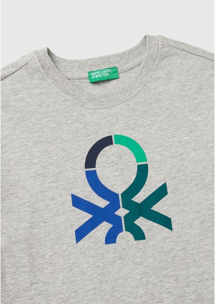 United Colors Of Benetton Erkek Çocuk Gri Melanj Önü Çok Renkli Logo Baskılı Bisiklet Yaka Uzun Kollu T-Shirt