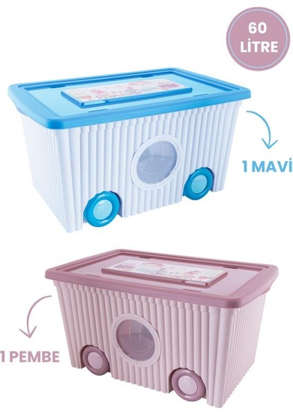 Flora Trendy Tekerlekli Oyuncak Kutusu 60 Litre Pembe Mavi Set