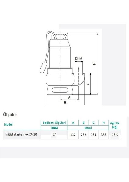 Waste Inox 24.10 Kirli Su Paslanmaz Gövdeli Drenaj Dalgıç Pompa 10 Mss 24 M³/h 220 Volt