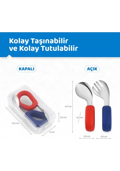 Eğik Uçlu Paslanmaz Çelik Silikon Saplı Bebek Çatal ve Kaşık Seti (Kırmızı-Mavi)