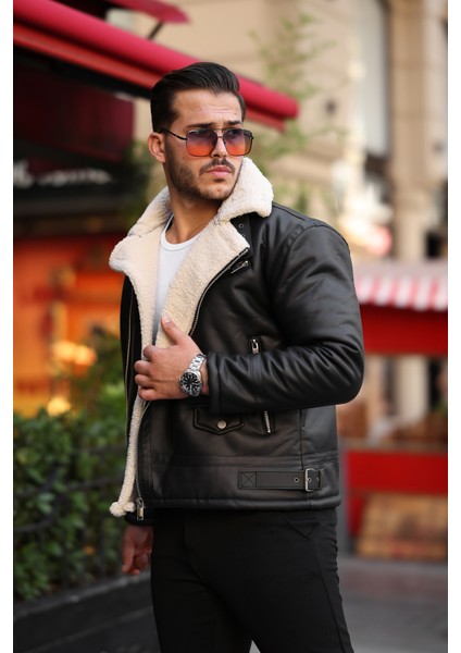 Erkek Napa Deri Çapraz Fermuarlı Içi Full Kürklü Yüksek Kalite Slim Fit Siyah-Krem Mont & Ceket fiyatları