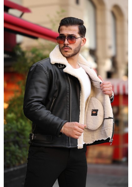 Erkek Napa Deri Çapraz Fermuarlı Içi Full Kürklü Yüksek Kalite Slim Fit Siyah-Krem Mont & Ceket modelleri