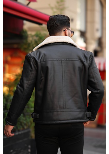 Erkek Napa Deri Çapraz Fermuarlı Içi Full Kürklü Yüksek Kalite Slim Fit Siyah-Krem Mont & Ceket fırsatları