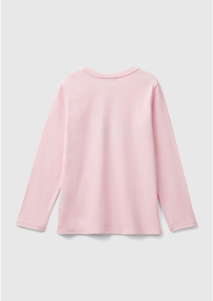 United Colors Of Benetton Kız Çocuk Açık Pembe Önü Parıltılı Logo Baskılı Regular Fit Uzun Kollu T-Shirt