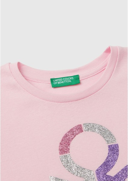 United Colors Of Benetton Kız Çocuk Açık Pembe Önü Parıltılı Logo Baskılı Regular Fit Uzun Kollu T-Shirt