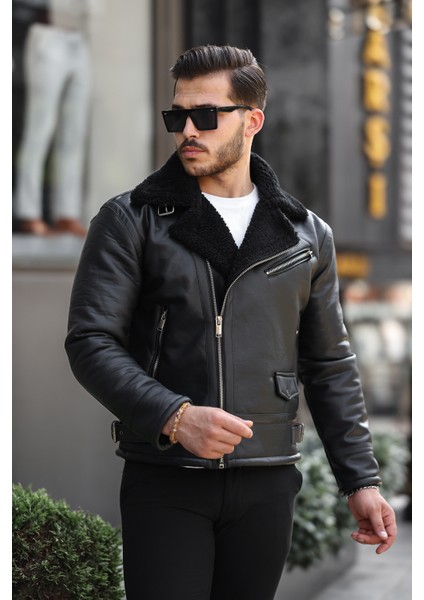 Erkek Napa Deri Çapraz Fermuarlı Içi Full Kürklü Yüksek Kalite Slim Fit Siyah Mont & Ceket