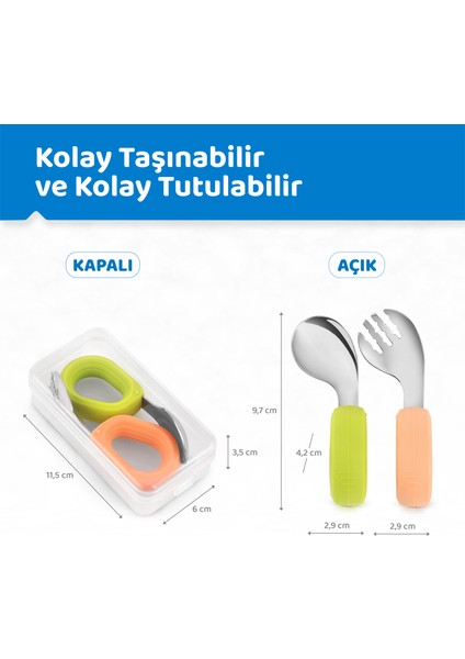 Eğik Uçlu Paslanmaz Çelik Silikon Saplı Bebek Çatal ve Kaşık Seti (Pudra-Yeşil)