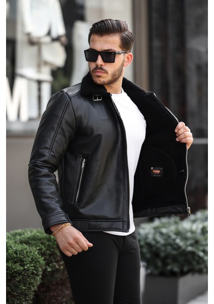 Erkek Napa Deri Içi Full Kürklü Yüksek Kalite Slim Fit Siyah Mont & Ceket