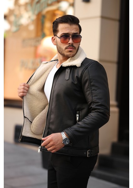 Erkek Napa Deri Içi Full Kürklü Yüksek Kalite Slim Fit Siyah-Krem Mont & Ceket modelleri