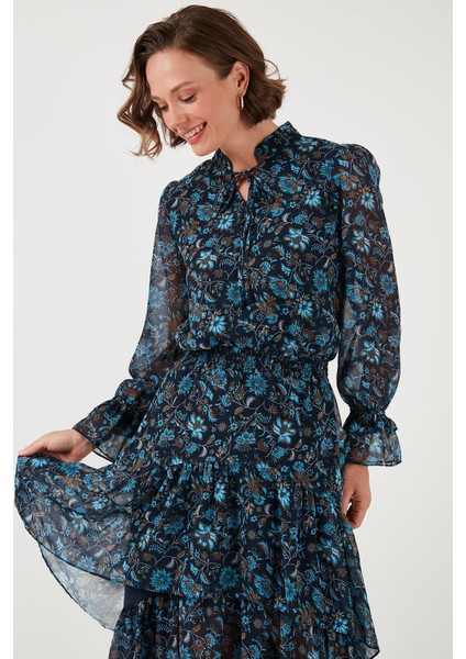 Regular Fit Boyundan Bağlamalı Volanlı Şifon Midi Elbise Kadın Elbise 611EL1450 fırsatları