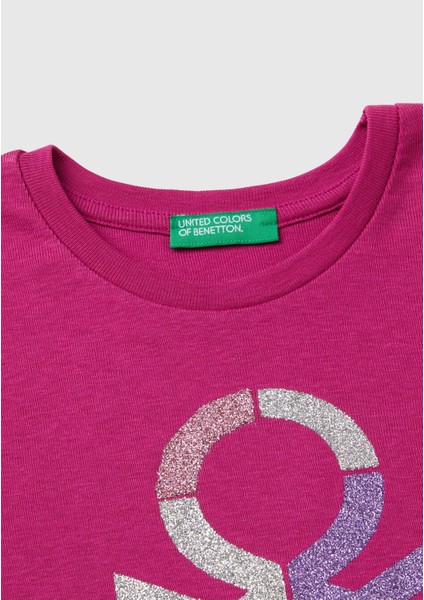 United Colors Of Benetton Kız Çocuk Fuşya Önü Parıltılı Logo Baskılı Regular Fit Uzun Kollu T-Shirt